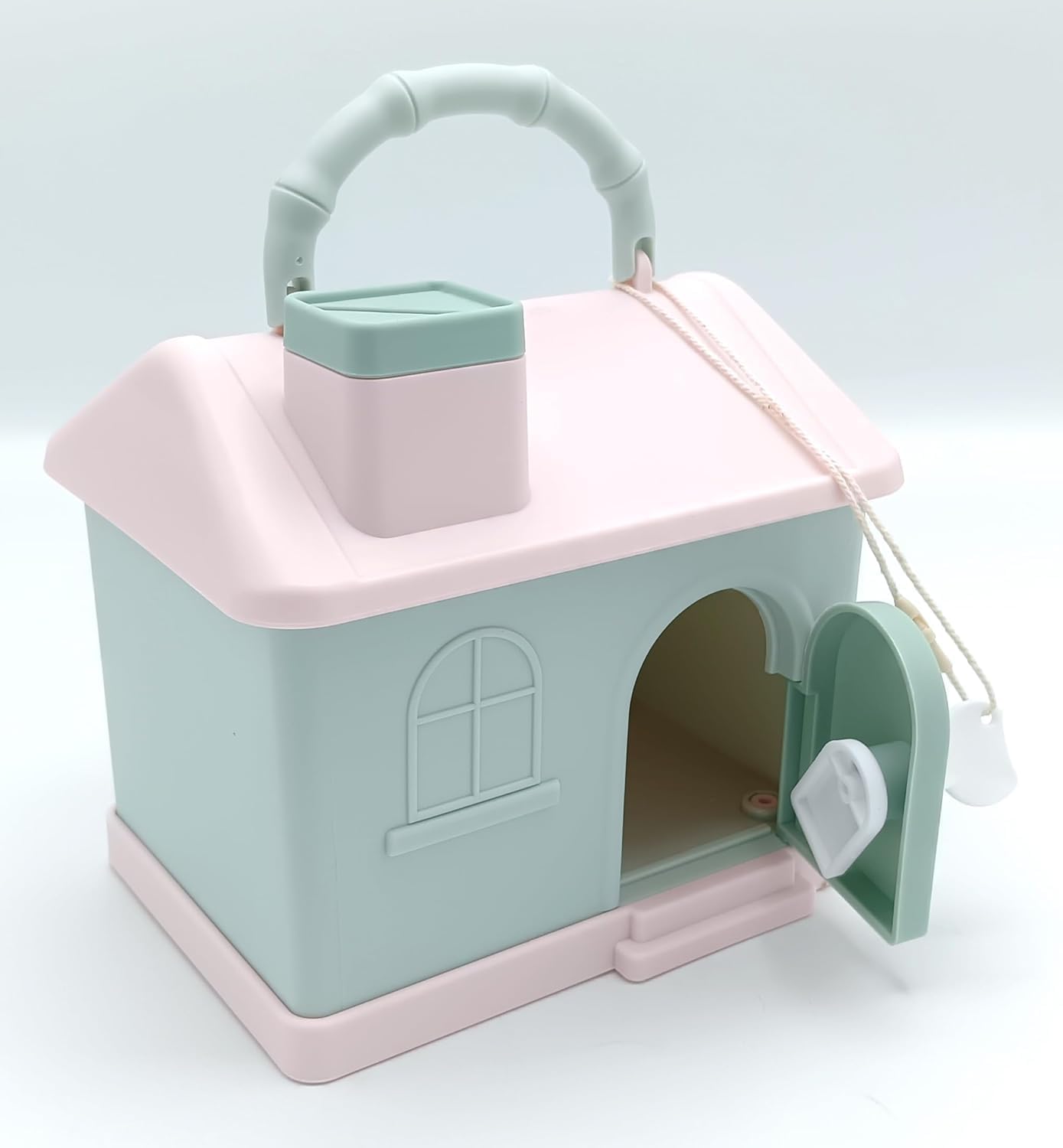 Kids' house money bank with lock, key, and 3D sticker compatibility, in pastel pink and blue.www.usmile.toys